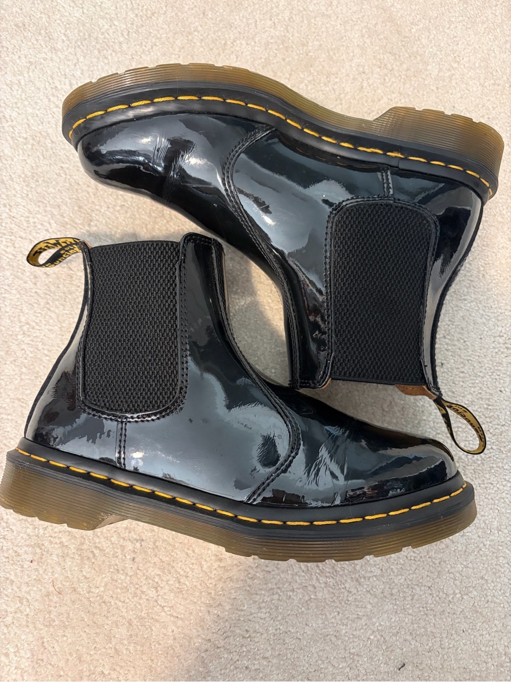 Dr. Martens Black Patent Chelsea Boots with Yellow Stitching
